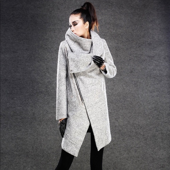 Asymmetrical Wool Coat - grey - cowl neck - Picture 4 of 5